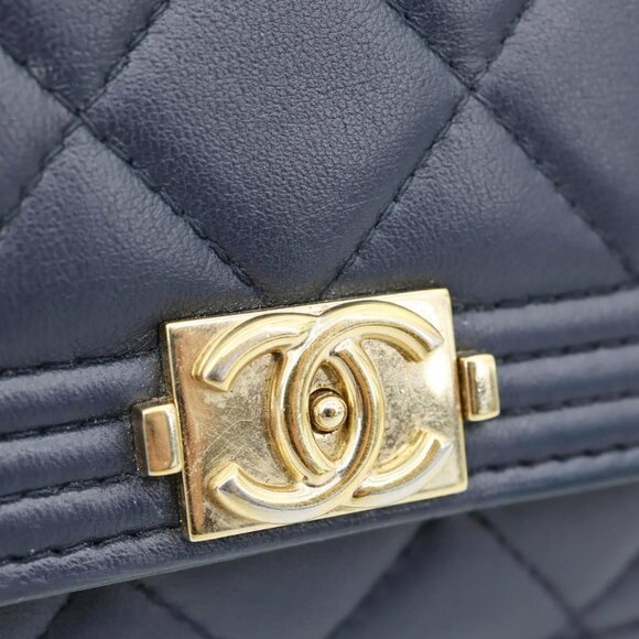 Chanel  Boy Quilted Calfskin Leather Wallet On Chain Crossbody Bag Navy Blue - Picture 14 of 15